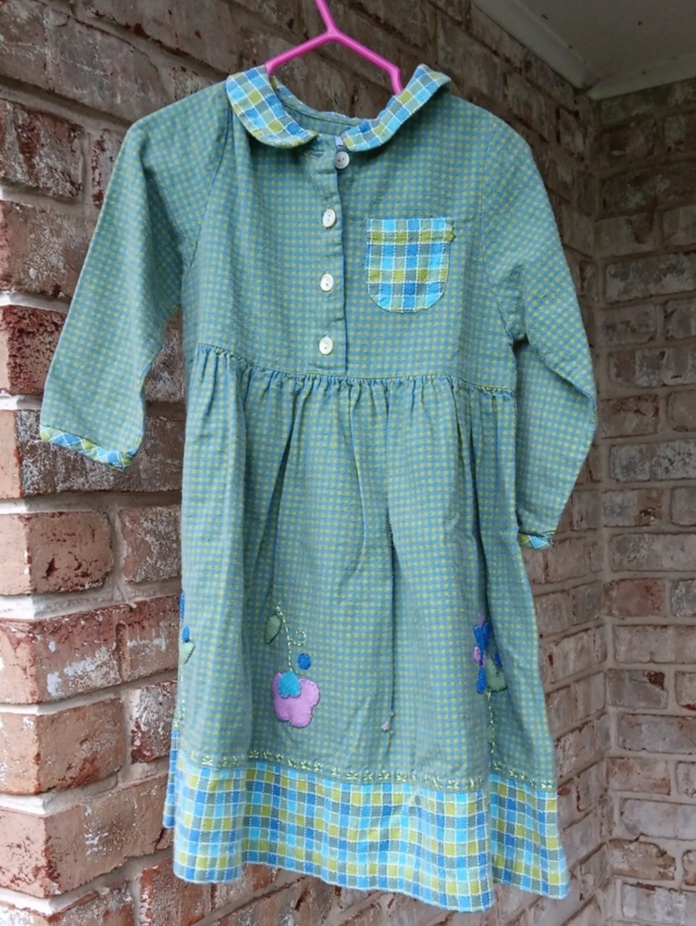 Cotton Flannel Green Plaid Trim Cotton Dress